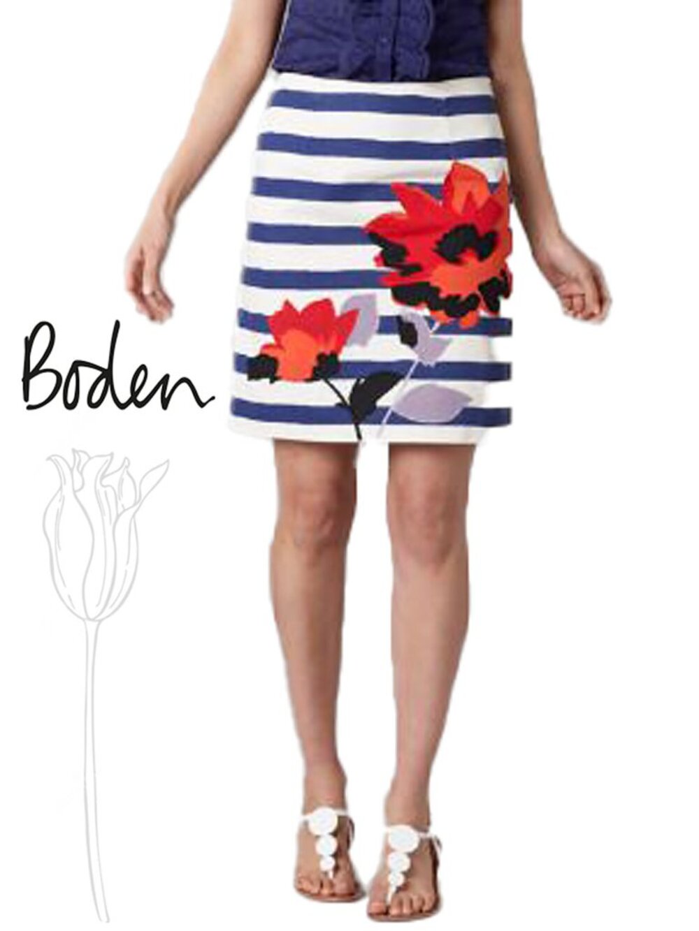 Boden Blue Stripe With Poppy Applique Skirt